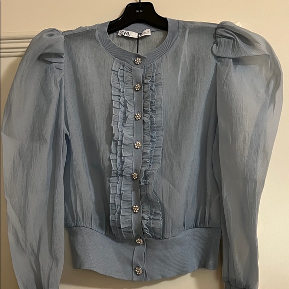 Zara blue ruffled top with jeweled buttons. NWT. - Picture 2 of 4